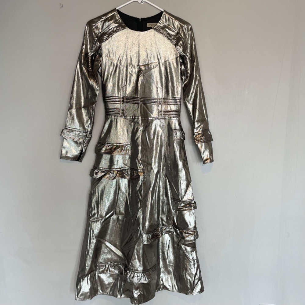 NWT Burberry Long-Sleeve Gold Metallic Ruffle-Trim Dress size US 2 - Picture 7 of 16